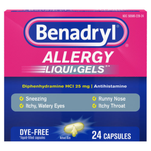Allergies can hit fast. Get powerful relief with Benadryl Dye-Free Liqui-Gels Antihistamine Allergy Medicine that temporarily relieves the allergy symptoms associated with hay fever or other upper respiratory allergies caused by common allergens such as pollen, dust mites, mold and pet dander, as well as symptoms of the common cold. Free of dyes, each of these liquid gels contains 25 mg of the antihistamine diphenhydramine HCl to temporarily treat allergy symptoms such as sneezing, runny nose, itchy nose or throat, and itchy, watery eyes, and cold symptoms such as sneezing and runny nose. Effective relief day or night, this allergy medicine is safe and effective, when used as directed, and has a dye-free formula. From a doctor recommended brand, Benadryl liquid capsules are intended for adults and children ages six and up to relieve indoor and outdoor allergy symptoms and cold symptoms.