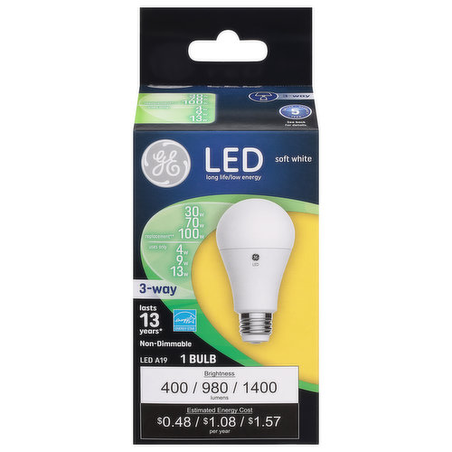 Brightness Quantity: 400 lumens; 980 lumens; 1400 lumens. Energy Info: $0.48; $1.08; $1.57 based on 3 hrs/day, 11 ¢/kWh. Cost depends on rates and use. 3 watts; 9 watts; 13 watts. Package Info: 1. Voltage: 120 V. Bulb Info: LED. Is Three Way. Has Energy Star Logo. Screw. Bulb Life: 13.7 years based on 3 hrs/day. Bulb Appearance: 2700 k.