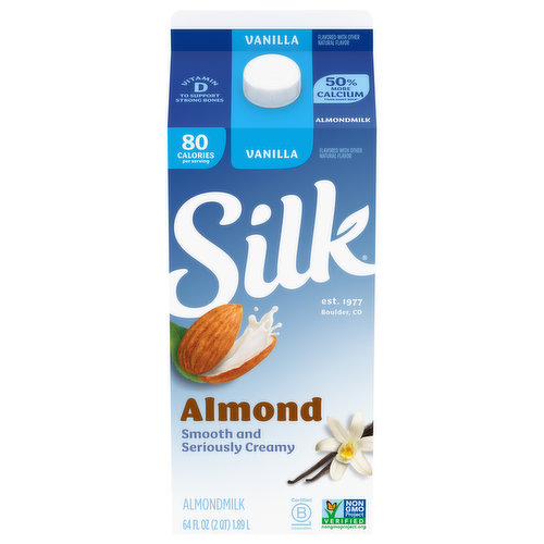 Treat yourself to this smooth and seriously creamy Silk Vanilla Almondmilk. Made with three kinds of almonds grown by Mother Nature and picked at the peak of ripeness, this lactose free milk has a perfect mix of quality and flavor. Plus, its smooth vanilla flavor makes it an extraordinary tasting plant based milk that you can use throughout your day. It tastes great in a bowl of cereal or in your favorite smoothies. Every serving of this non dairy milk has Vitamin D to help support strong bones and 50% more calcium than dairy milk**. Silk Almondmilk is totally free of dairy, soy, lactose, gluten, casein, egg, and MSG. Looking for lactose free and gluten free cooking or baking supplies? Silk Almondmilk makes an excellent addition to sauces and baked goods. Whether you’re making a bowl of cereal, drinking straight out of a glass or enjoying a frothy coffee, trust Silk — the Original Plant Pioneer. Today Silk supports regenerative agriculture because we believe in the power of plants for people and the planet. It’s not just almondmilk, it’s Milk of the Land***. Read more about our story on our packaging. Enjoy all of the Silk products, including vegan milk, non dairy creamers and dairy free yogurt varieties. *See Nutrition Facts for sugar and calorie content. **Silk Vanilla Almondmilk: 470mg of calcium per cup; reduced fat dairy milk: 309mg of calcium per cup. USDA FoodData central, 2022. ***From plants, not cows. Not nutritionally equivalent to dairy milk.