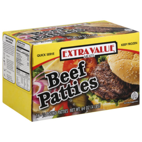 Quick serve. Quick serve Extra Value beef patties.  US inspected and passed by Department of Agriculture. If you have any questions or comments, please feel free to call Extra Value Meats 1-800-851-4684; 1-618-337-8400.