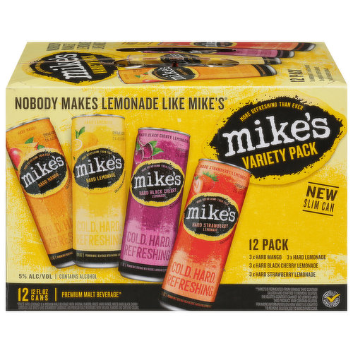 Nobody makes lemonade like Mike's. More refreshing than ever. New slim can. We started the Mike's hard lemonade company with the single aim of creating the most refreshing & amazing tasting beverages. Every can is bursting with flavor derived from unique blends of handpicked lemons sourced from family owned farms. With each flavor, we like to think we've captured a little bit of sunshine in a can! Mike. Cold. Hard. Refreshing. Mike's is hard. So is prison. Don't drive drunk.