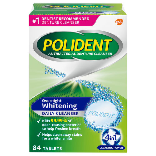 No. 1 dentist recommended. Denture cleanser. Kills 99.99% of odor-causing bacteria (Soaking only, in laboratory tests) to help freshen breath. Helps clean away stains for a whiter smile. Suitable for daily cleansing of partials & dentures. Partials & Dentures Need Special Care: Polident 4 in 1 Cleaning System is a gentle & non-abrasive formulation that kills odor-causing bacteria, helps remove stains and keeps your partial / denture clean & fresh. 4in1 Cleaning Power: Cleaning agents; Odor-causing bacteria killers; Stain removers; Active oxygen booster. Reasons to use a Polident Cleanser Every Day: Without the right care, your partial or denture can act as a bacteria magnet attracting odor-causing bacteria, and also plaque and debris that if not removed can damage your natural teeth and gums. Polident daily cleanser is designed specially for partials & dentures. It kills 99.99% of odor-causing bacteria (Soaking only, in laboratory tests) and helps clean away plaque and debris that can damage natural teeth and gums. Use daily for a clean, fresh, healthy smile!