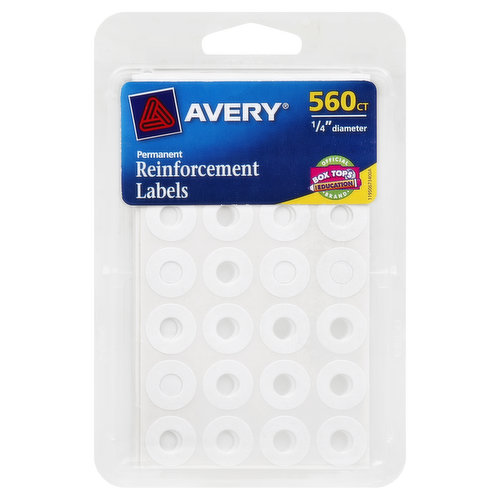 1/4 inch diameter. Box Tops for Education official brand. Permanent adhesive sticks and stays. Fits standard-size punched holes. Avery will gladly replace any Avery product that does not provide complete satisfaction. 1-800-Go-Avery (1-800-462-8379) avery.com. Made in Mexico.