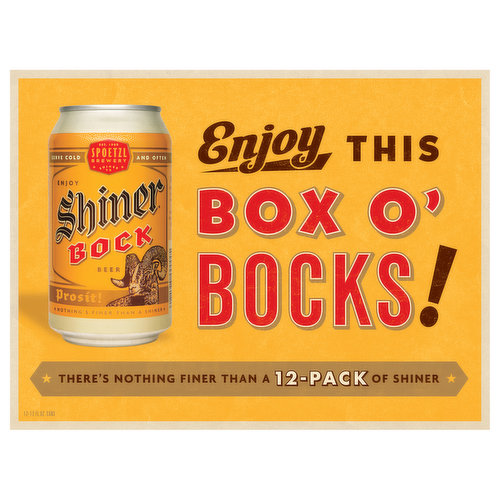 Est. 1909. Serve cold and often. Enjoy. Prosit! Nothing's finer than a Shiner. Enjoy this box o' bocks! There's nothing finer than a 12-pack of Shiner. Our pride, enjoy. Handle with pride. Shiner cans are great for: tubing, pyramids, waterholes, camping, crushing, drinking. www.shiner.com. Graphic Packaging International, Inc. Enjoy this box o' Bocks!; There's nothing finer than a 12 pack of Shiner.