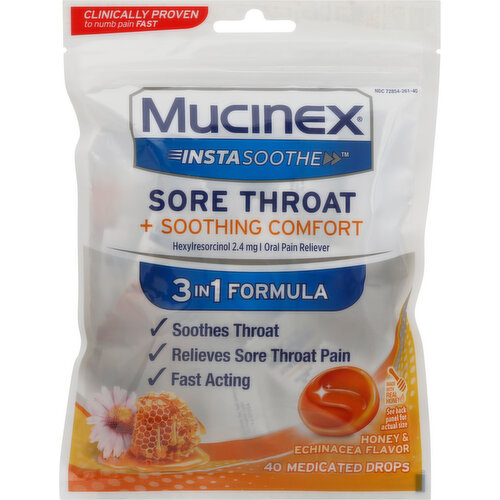 Mucinex Sore Throat + Soothing Comfort, Medicated Drops, Honey & Echinacea Flavor