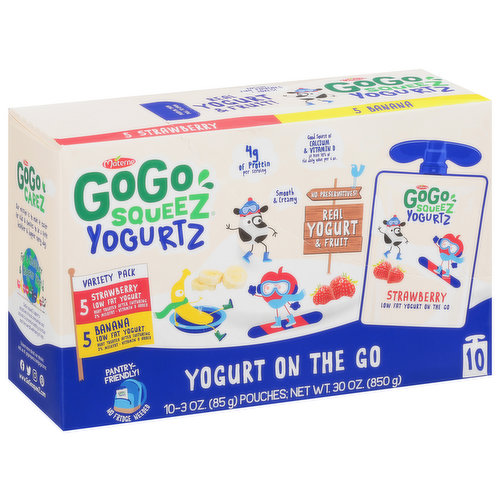 Heat treated after cultivating. Vitamin D added. Smooth & creamy! No preservatives. Real yogurt & fruit. Inside: fun pouches + jokes! Finally - a truly portable, take-anywhere yogurt in a pouch! Not freeze overnight & thawed by lunch portable, but truly shelf-stable, grab & go portable. It's yogurt like only GoGo Squeez could make it. Fuel for any adventure. No preservatives, no artificial growth hormones like rBST (Made with milk from cows not treated with hormones like rBST. No significant difference has been shown between milk derived from rBST-treated and non-rBST-treated cows). Our mission is to make it easier for kids and families to be a little healthier and happier every day. For a healthier & happier world. TerraCycle. GoGo Squeez pouches are recyclable through TerraCycle. Collect used pouches and help your favorite cause. Learn more at www.terracycle.com. Taking care of our planet is important to us. GoGo Carez: GoGo Squeez supports initiatives in local communities and schools to promote healthy nutrition and the overall well-being of kids.