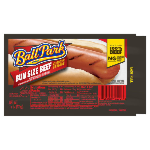 Ball Park Bun Size Beef Hot Dogs turns a great hot dog into a grill worthy masterpiece. Ball Park hot dogs are made with 100% beef. Fully cooked and ready to heat and serve, these uncured hot dogs go great on the grill. Top your bun length hot dog with chili and cheese or stick to the classic ketchup and mustard. Keep all beef uncured franks refrigerated.