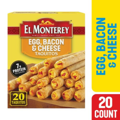 Looking for something different for breakfast? Spice up the most important meal of the day with our El Monterey Egg, Bacon & Cheese Breakfast Taquitos. Breakfast taquitos are a fun and easy frozen breakfast or frozen meal from El Monterey that will be ready in just minutes from your microwave, oven, or air fryer. Your family will enjoy crunching into real scrambled eggs, savory bacon and melted cheese wrapped in a crispy flour tortilla and delivering 7 grams of protein per serving. El Monterey has a wide variety of Mexican food favorites like taquitos, single serve meals and frozen burritos for breakfast, lunch and dinner! Stock your freezer with El Monterey Egg, Bacon & Cheese Taquitos for a satisfying and delicious meal anytime, anywhere! You can find El Monterey Egg, Bacon & Cheese Taquitos in the frozen breakfast, frozen Mexican or the frozen meals section in the yellow box
