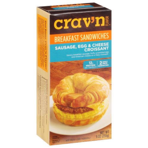 Crav'n Flavor Breakfast Sandwiches, Croissant, Sausage, Egg & Cheese