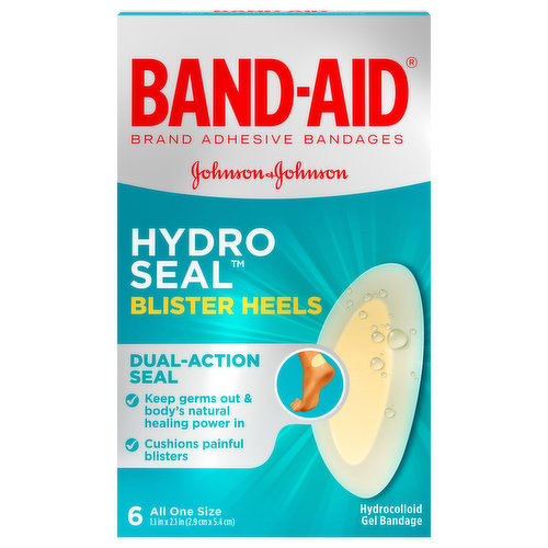 Band-Aid Brand Sterile Hydro Seal Hydrocolloid Gel Blister Bandages for heel blisters instantly provide an optimal healing environment for blister relief. Featuring a waterproof design that is ideal for use on heels, these hydrocolloid gel bandages are designed to provide cushioning against painful blisters and shield them from further rubbing. Within 24 hours of application, a white bubble will form under the bandage to show that the healing process has begun. These shower proof and waterproof bandages are designed to be long-lasting, staying on for multiple days and showers and intended to be worn until they begin to detach. The adhesive hydrocolloid gel bandages keep germs out and the body's natural healing power in. Band-Aid Brand Hydro Seal Hydrocolloid Blister Bandages for Heels are sterile and not made with natural rubber latex. This package includes six hydrocolloid blister pads for heels from the number 1 doctor recommended bandage brand.