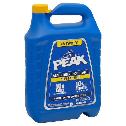 10 x more scale inhibitors (Versus legacy Peak Antifreeze + Coolant technologies). 10+ years 300,000+ miles (Lifetime Protection: 10+ years/300,000+ miles lifetime guarantee when a complete cooling system flush and fill is performed and proper cooling system maintenance is followed. Always follow vehicle owner's manual for top-off requirements, change intervals and specified maintenance. See peakauto.com for more details). Longer-lasting protection (Versus legacy Peak Antifreeze + Coolant technologies). Prevents cooling system deposit. Maximizes engine cooling. Protects cooling system components. 10 perfect water pump test core (Received the top rating (10) for protecting the water pump in industry standard water pump test, ASTM 02809). Avoids costly repairs. All Vehicles Compatibility: Cars; SUVs; Light/medium/duty trucks. All makes/ All models. All coolant colors. All coolant technologies. Protection Chart: Freeze Protection: Negative 34 degrees F (Negative 36 degrees C). Boilover Protection (Using a 15 psig [103 Pa] pressure cap): 265 degrees F (129 degrees C). Corrosion Protection: Protects all cooling system metals meets ASTM D3306 & D4985.