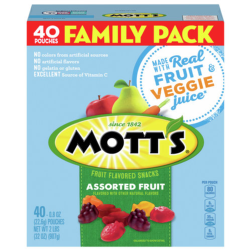 When you need a tasty snack for kids of all ages, choose the juicy goodness of Mott's Assorted Fruit Flavored Snacks! Not only are these bite-sized gummies wholesome and delicious, but they are also made out of real fruit and veggie juices. Plus, these gluten-free Fruit Flavored Snacks have 60% daily value of vitamin C per serving and no artificial flavors. You've finally found the perfect after-school snack that's a win for you and your kids! Individually wrapped for on-the-go convenience, Mott's Assorted Fruit Flavored Snacks pouches are a treat the whole family can enjoy. Contains 40 assorted fruit flavored snack pouches in total.