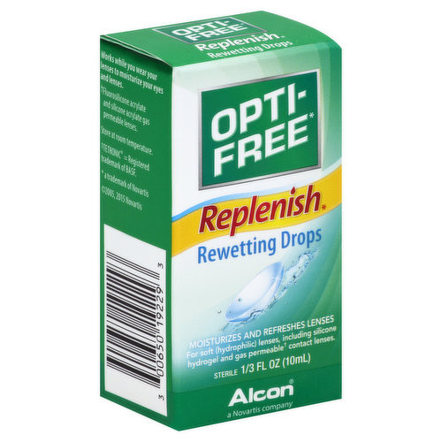 Moisturizes and refreshes lenses. For soft (hydrophilic) lenses, including silicone hydrogel and gas permeable (Fluorosilicone acrylate and silicone acrylate gas permeable lenses) contact lenses. Sterile. A Novartis company. Opti-Free Replenish Rewetting Drops moisturizes and refreshes your lenses for greater wearing comfort. It also helps remove particulate material that may cause minor irritation, discomfort, dryness, blurring and itchiness while wearing your lenses. Opti-Free Replenish Rewetting Drops contains patented RLM-100, which helps prevent protein deposit build-up on soft (hydrophilic) lenses while you wear them, when used as directed. Questions or comments? 1-800-757-9195. www.opti-free.com. Works while you wear your lenses to moisturize your eyes and lenses.