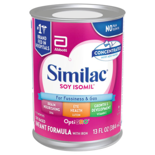 No. 1 brand fed in hospitals. No palm olein oil. Concentrated - Must add water. For fussiness & gas. Brain nourishing - DHA. Eye heath - lutein. Growth & development - vitamin E. Breast milk is recommended. If you choose to use infant formula, the makers of Similac have a formula that's right for your baby.