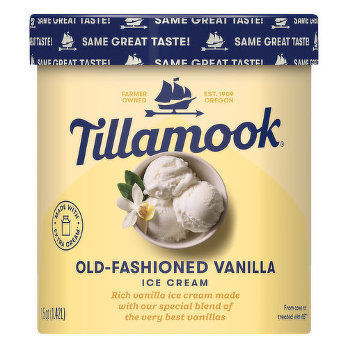 Rich vanilla ice cream made with our special blend of the very best vanillas. Made with extra cream (Tillamook ice cream is made with more cream than is legally required). From cows not treated with rBST (All farmers who supply milk for Tillamook products pledge not to use artificial growth hormones. The FDA has stated that no significant difference has been shown between milk derived from rBST treated and non-rBST treated cows). Same great taste. Farmer owned. Est. 1909 Oregon. Tillamook County Creamery Association. Oregon, USA. We know what it takes to make ice cream you can't stop thinking about. It's going all in on everything you crave most: a whole lotta cream, the very best ingredients and 100+ years of crafting dairy deliciousness. Questions? Comments? Visit Tillamook.com/Contact. Made in the USA.