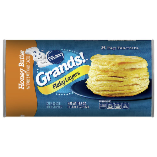 Make family meals grand with the home-baked goodness of Pillsbury Grands! Flaky Layers Biscuits. Kids and adults alike love to pull apart the flaky layers of their warm Grands! biscuits. A great alternative to scratch baking, Grands! refrigerated biscuit dough is ready-to-bake, saving you time and kitchen cleanup. In just minutes, the air will be filled with the delicious aroma of freshly baked biscuits and you’ll be ready to serve. Imagine the memories you’ll make.
Pillsbury Grands! Flaky Layers Honey Butter Biscuits will give you time back in your day to focus on what matters. Simply preheat the oven to 350° F (or 325° F for a nonstick cookie sheet), place refrigerated biscuit dough 1-2 inches apart on ungreased cookie sheet and bake 13-16 minutes. In just a few simple steps, you'll have tasty biscuits without all the fuss!