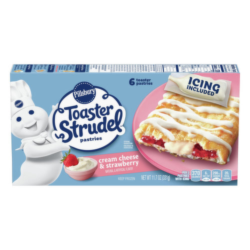 Natural & artificial flavor. Per 2 Pastries with Icing: 370 calories; 6 g sat fat (30% DV); 290 mg sodium (13% DV); 20 g total sugars. Contains bioengineered food ingredients. Learn more at Ask.GeneralMills.com. New look same great taste! Icing included. www.ToasterStrudel.com. how2recycle.info. Questions? Comments? Save package and visit us on our website or call at 800-949-3990. www.ToasterStrudel.com. Box Tops for Education: No more clipping. Scan your receipt. See how at btfe.com.