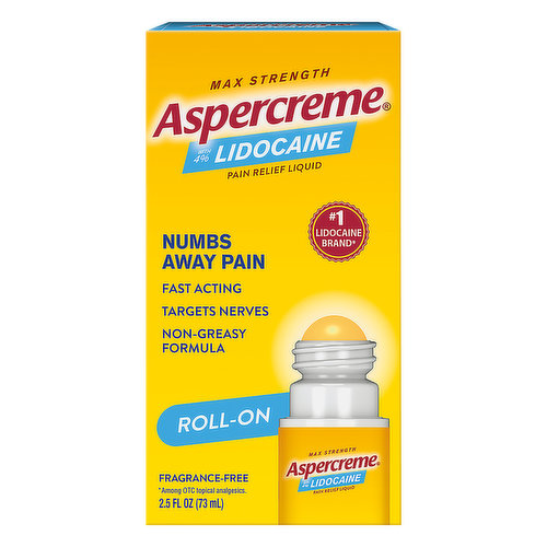 With 4% lidocaine. Numbs away pain. No. 1 Lidocaine brand (Among OTC topical analgesics). Fast acting. Targets nerves. Non-greasy formula. Fragrance-free. Targeted no-mess relief. Back, neck & shoulder. Knee & elbow. Hand & wrist. Foot, ankle & leg. Recyclable carton.