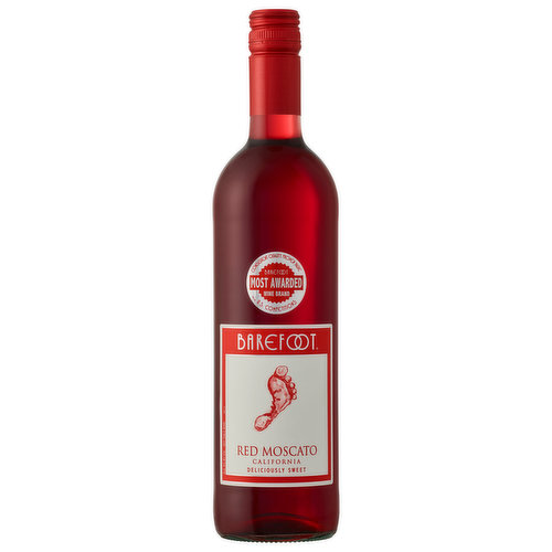 Barefoot Red Moscato Sweet Red Wine delivers a sweet medley of juicy red cherries and raspberries in a 750 mL bottle. This California wine pairs perfectly with soft cheeses, fresh salads or spicy appetizers. This red Moscato is ideal for backyard barbecues or poolside parties and is best served chilled. With a refreshing finish, this Barefoot wine is a vibrant and colorful twist on a traditional wine. A convenient screw cap offers easy opening and secure storage. This red Moscato comes from Barefoot, the most awarded wine brand in US competitions. Let's get Barefoot.