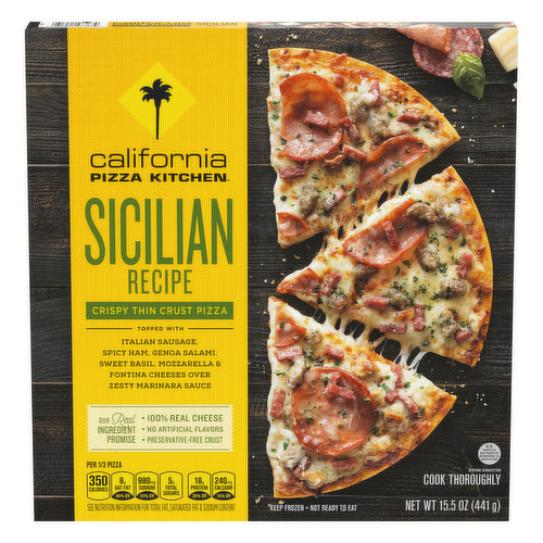 Topped with Italian sausage, spicy ham, Genoa salami, sweet basil, mozzarella & fontina cheeses over zesty marinara sauce. No artificial flavors. Per 1/3 Pizza: 350 calories, 8 g sat fat (40%DV), 980 mg sodium (43%DV), 5 g total sugars, 18 g protein (30%DV), 240 mg calcium (15%DV). See nutrition information for total fat, saturated fat & sodium content. Our real ingredient promise. 100% real cheese. Preservative-free crust. Exploration of exceptional taste. At California Pizza Kitchen, we search for the best ingredients available, finding inspiration in each carefully crafted cheese, vine-ripened tomato and perfectly balanced uncured pepperoni. The thoughtful creation of recipes and passion for mindful ingredients are at the core of every delicious pizza we offer. So to those, like us, who approach food with mindfulness and an adventurous spirit, we hope you just found a delicious new favorite - from our kitchen to yours. U.S. Inspected and Passed by Department of Agriculture. www.cpkfrozen.com. www.nestleusa.com. how2recycle.info. Contact us: Call or text 1-888-749-9201 or visit www.cpkfrozen.com or www.nestleusa.com. Please have packaging available when you call. For more amazing flavor experiences and delicious salad pairings go to cpkfrozen.com Try these other exciting flavors. White. Signature uncured pepperoni. BBQ recipe chicken. Margherita. how2recycle.info. At CALIFORNIA PIZZA KITCHEN, we want you to grab delicious and fresh flavor experiences by the slice, and be inspired by unique tastes. We bring you these delightful flavors by always using real cheese, no artificial flavors, and a preservative-free crust. We crafted this Sicilian Recipe Pizza using premium ingredients like zesty marinara sauce, Genoa salami, and spicy ham and put them on a crispy, thin crust. Discover deliciousness in your own kitchen with our frozen pizza masterpieces, cooked hot and fresh by you.

CALIFORNIA PIZZA KITCHEN is a trademark owned and licensed by CPK Management Company.