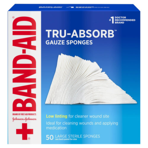 Delicately care for wounds with Band-Aid Brand of First Aid Products Tru-Absorb Sterile Gauze Sponges. Each large gauze sponge measures 4 inches by 4 inches, making them ideal for cleaning and applying medication to minor cuts, scrapes and burns. Their special low-linting design helps provide cleaner wounds and may help prevent irritation. Their pillow-soft cushioning offers extra comfort when cleaning dirt and contaminants that may cause infection from the injured area. These absorbent pads can also be used as a cushioning dressing for minor wounds, cuts and burns. Use these gauze sponges as first aid supplies, and for cleaning and prepping wounds, or for applying medication. This package contains 50 individually wrapped sterile gauze sponges, making them a perfect addition to any first aid kit.