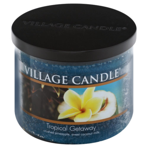 Crushed pineapple, sweet coconut milk. Approx burn time is up to 50 hours. Tropical getaway glass cylinder. www.villagecandle.com. Made in Wells, Maine USA.