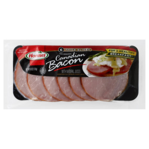 Since 1891. The original. With natural juices. Center cut from pork loin. Fully cooked. US inspected and passed by Department of Agriculture. For a healthy breakfast (Hormel Canadian Bacon meets healthy food guidelines established by the USDA.). Good source of protein. 96% fat free. Gluten free. Visit www.hormel.com 1-800-523-4635.