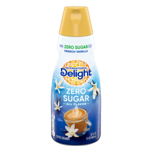Naturally & artificially flavored. Per Tbsp: 20 calories; 1 g sat fat (5% DV); 0 mg sodium (0% DV); 0 g sugars. Zero sugar. Gluten-free. Lactose-free. Reduced calories (42% fewer calories than regular International Delight French vanilla. Calories reduced from 35 to 20 per serving). All flavor. The taste you love, now with zero sugar and no corn syrup! Creamer nation unite! Filled at plant printed on label. Proud member of the Danone family. Hug in a Mug Guarantee: Feel the love or your money back! Call 1-800-441-3321 for full refund. Limit two refunds per household per year. Proof of purchase may be required. internationaldelight.com. how2recycle.info. Give us a shout at no. CreamerNation. Facebook. Pinterest. Twitter. Infuse your morning coffee with the sweet taste of French vanilla flavor. With a splash of International Delight French Vanilla Sugar-Free Coffee Creamer, your cup of coffee becomes a cause for celebration. This creamer is gluten-, lactose-, and sugar-free. It makes the perfect addition to any office or home. Surprise your coworkers or family with a bottle, and watch the room light up with delight.

For over thirty years, International Delight has been making the world a tastier place, one cup of coffee at a time. Our coffee creamers come in over twenty different delicious flavors, including fat- and sugar-free varieties, and we now offer a wide selection of iced coffees, as well. We believe that there’s an art to concocting the perfect cup of coffee, and we want every sip you take to be a masterpiece of flavor. Welcome to Creamer Nation.; For over thirty years, International Delight has been making the world a tastier place, one cup of coffee at a time. Our coffee creamers come in over twenty different delicious flavors, including fat- and sugar-free varieties, and we now offer a wide selection of iced coffees, as well. We believe that there’s an art to concocting the perfect cup of coffee, and we want every sip you take to be a masterpiece of flavor. Welcome to Creamer Nation.
