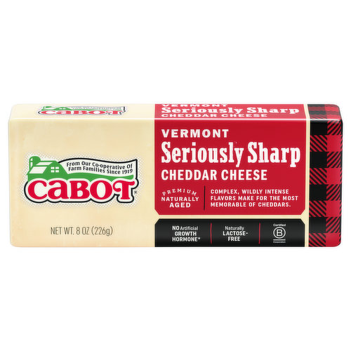 Cabot's Seriously Sharp cheddar is no joke! Get ready for the complex and intense flavor that sets this cheddar apart from the crowd.