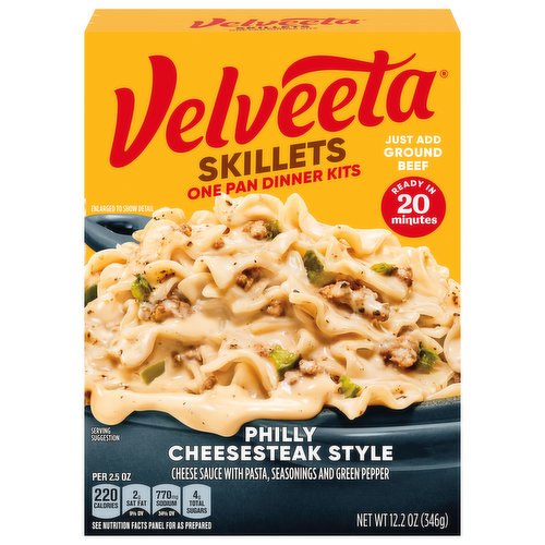 Velveeta Skillets Philly Cheesesteak Style Dinner Kit delivers the liquid gold flavor your family loves. This macaroni skillet meal is rich with creamy flavor and cheesy goodness. Each meal kit includes Velveeta cheese sauce, pasta, seasonings and green pepper. Simply add ground beef and water to this skillet recipe for a family favorite. To prepare this macaroni dinner, brown 1 pound of lean ground beef in a large skillet. Drain the beef and return it to the skillet along with 2 cups of water, pasta, green peppers and premium seasoning, simmering for 9-11 minutes. Remove from heat and stir in the Velveeta cheese sauce. To dress up your boxed macaroni dinner, try topping with French fried onions. One box makes about 5 servings. Add a little liquid gold to all your meals with Velveeta.