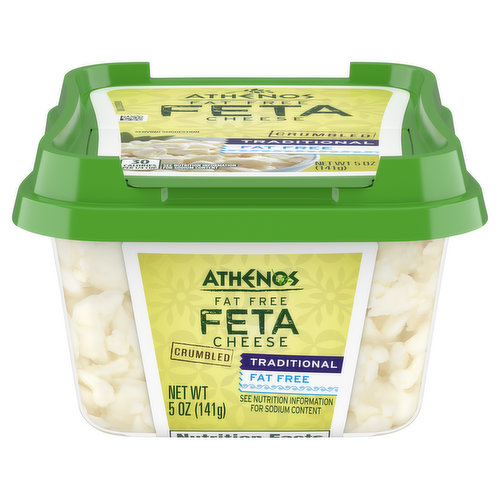 30 calories per 1/4 cup. Fat free. See nutrition information for sodium content. Your comments count! 1-800-343-1976. Athenos Fat Free Traditional Feta Cheese Crumbles are made simply and with respect for the ingredients. This feta requires extra time and care to create the perfect fat free feta with all the same creamy, tangy taste you love. Made from pasteurized skim milk, this fat free cheese has 30 calories and 7 grams of protein per 1/4 cup serving, making it a smart and satisfying addition to your favorite recipes. Use these crumbles to create an irresistible stuffed chicken dish, enjoy them as a salad topping, or spread these traditional feta crumbles onto avocado toast for a satisfying afternoon snack. This fat free feta cheese is packaged in an easy-to-open 5 ounce tub that can be resealed to keep the cheese fresh.