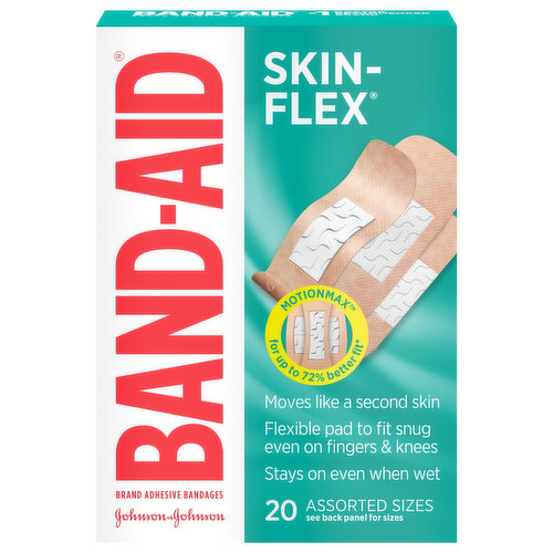 Band-Aid Brand Skin-Flex Adhesive Bandages are the only Band-Aid Brand Adhesive Bandage designed for lasting durability and exceptional comfort. With a flexible pad that fits snug even on hands, fingers and knees, these flexible bandages dry almost instantly when wet and stay intact even through handwashing. With MotionMax Technology, the active bandages expand and contract for the ultimate skin-like fit. These sterile bandages have a four-sided seal on larger sizes, so they protect your minor wounds from dirt and germs that may cause infection or delay healing as they provide a 24-hour hold that withstands damage and frays. The Quilt-Aid Comfort Pad on each Band-Aid Brand Skin-Flex Adhesive bandage wicks away blood and fluids without sticking to wounds, while lightweight cross-fibers stretch and flex to mold to your body. This package contains flexible adhesive bandages in assorted sizes from the #1 doctor recommended brand to protect your minor cuts, scrapes, burns and wounds.