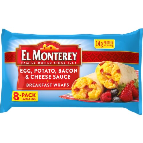 El Monterey Breakfast Wraps, Egg, Potato, Bacon & Cheese Sauce, Family Size, 8-Pack