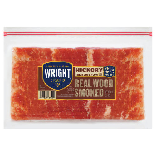 The uncompromising flavor of Wright Brand Thick Sliced Hickory Smoked Bacon doesn't come easy. Hand selected pork belly is trimmed into thick marbled slices, then cured with our 90-year-old recipe and smoked over real hickory chips for smoky flavor you can count on. Simply lay bacon slices flat on a cookie sheet and bake at 350°F for 15-20 minutes or until crispy and golden brown. We think the only way to push a big, juicy burger into “legend” territory is to let our bacon steal the show. Serve on a burger or go the extra step of intensifying the sweetness of our classic bacon flavor with a bourbon style maple glaze. This country has a history of making great things. A tradition of working hard, not cutting corners and taking the time to do it right. At Wright Brand, we still believe in this tradition. We know if you want to make a better bacon, there's only one way to do it: hand selected, hand trimmed, and smoked over real wood chips. That's Bacon the Wright Way.