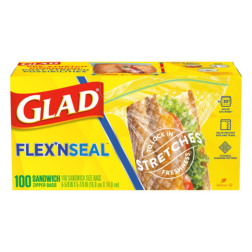 6-5/8 in x 5-7/8 in (16.8 cm x 14.9 cm). Pre-stretch dimension 5-7/8 inch, post-stretch possibilities 6-5/8 inch. To lock stretches in freshness. +30. Holds 30% more (Compared to Glad standard sandwich bags). Helps prevent rips and tears. Flexible diamond pattern. Use it for - Marinating. Travel. Microwave (For defrosting and reheating foods: Open zipper about an inch (2 or 3 cm) to vent, and place bag on a microwave-safe plate). Stretches to hold 30% more (Compared to similar sized standard Glad food storage bags). Glad and Glad-lock - the names you've grown to trust. www.glad.com. how2recycle.info. See our website www.glad.com for more ways to use Glad bags. Questions or comments? Visit our website or give us a call. www.glad.com. 1-800-835-4523. BPA-free (Product not formulated with BPA (Bisphenol A)). Environmental Facts: Clean, dry bags are recyclable where facilities exist, including at participating retailers. Please recycle this paperboard carton. Made in Thailand.