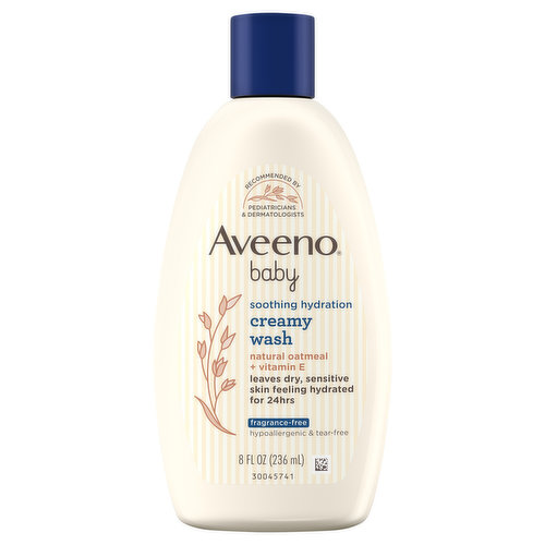 Aveeno Baby Soothing Hydration Creamy Wash gently cleanses dry, sensitive skin and leaves it feeling hydrated for 24 hours. Hypoallergenic, tear-free and pH-balanced, the rich bath wash uses natural oatmeal from pure, finely-milled oats. The hydrating wash leaves skin feeling moisturized for 24 hours and is free of fragrances, soaps, phthalates, parabens, sulfates and phenoxyethanol. Aveeno is a pediatrician and dermatologist recommended brand.