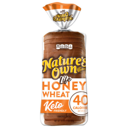 Get the most out of life with Nature's Own Life® Honey Wheat Bread. This keto friendly bread contains seven net carbs per slice. Made to be delicious to the last bite, this sandwich bread also delivers on some very specific dietary preferences with 40 calories per bread slice. Plus, it contains three times the fiber of regular Honey Wheat Bread. Pair it with your favorite meats and cheeses for a keto friendly lunch or toast it in the morning for a low-calorie breakfast. Pile on the goodness and bring everyone together with Nature's Own breads, buns and rolls.

At Nature's Own, we believe that anything worth doing is worth doing right. It's a standard applied to each and every product that makes its way out of Nature's Own bakeries. Choose from a variety of bread flavors and styles to fit whatever sandwich you have in mind. As America's #1 selling loaf bread brand*, Nature's Own maintains the freshness and softness that makes it a family favorite bread with no artificial preservatives, colors or flavors, and no high fructose corn syrup. Goodness is in our nature.

*Source: IRI Syndicated Data for the total U.S. latest 52 weeks ending 07.24.2022