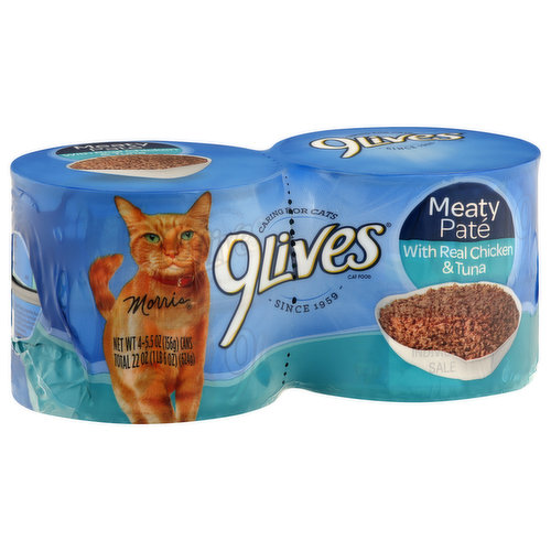 100% complete nutrition for adults cats. Caring for cats. Since 1959. Visit us at: www.9Lives.com. Comments or questions: Call 888-435-4837 weekdays. Please refer to code number stamped on the end of the can. Please recycle.