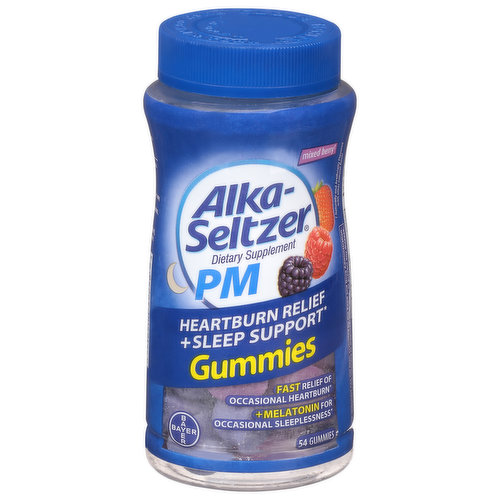 Dietary Supplement. Naturally flavored with other natural flavor. Fast relief of occasional heartburn. +Melatonin for occasional sleeplessness. Mixed berries (naturally flavored with other natural flavor). Contains a minimum of 1250 mg Tricalcium Phosphate per serving for fast relief of occasional heartburn. how2recycle.info. Questions? 1-800-986-0369. (This statements have not been evaluated by the Food and Drug Administration. This product is not intended to diagnose, treat, cure or prevent any disease.)