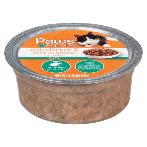 Calorie Content (calculated): Metabolize Energy (ME): 827 kcal/kg; 65 kcal/bowl (2.75 oz/78g). Paws Happy Life With Chicken & Liver in Sauce Cat Food is formulated to meet the nutritional levels established by the AAFCO Cat Food Nutrient Profiles for maintenance.