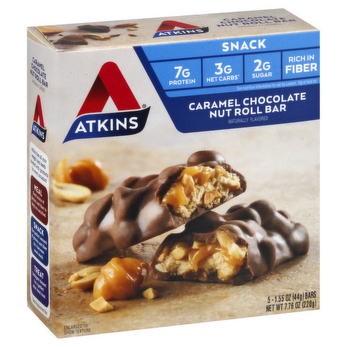 Naturally flavored. 7 g protein. 3 g net carbs (total carbs [20 g] - fiber [7 g] - sugar alcohol [10 g] = 3 g Atkins net carbs). 2 g sugar. 12 g of total fat. Rich in fiber. See nutrition information for fat sat content. Contains a bioengineered food ingredient. What is the hidden sugar effect? It's common knowledge that consuming foods with large amounts of sugar may cause your blood sugar to spike, but, did you know other types of carbohydrates may have the same effect on blood sugar? We call this the hidden sugar effect. It's why a medium size bagel has the same impact on blood sugar as eating 8 teaspoons of sugar! (Based on glycemic load). And that's just one example - many foods loaded with simple or refined carbs can have a similar impact on blood sugar. But at Atkins, we've designed all of our delicious bars, shakes, and treats to limit simple and refined carbohydrates to help minimize the hidden sugar effect. No maltitol. Atkins has all your weight loss needs covered with products for every occasion! Meal (Meal Replacement Bar): Good source of protein and fiber to keep you satisfied. Snack: The perfect amount of protein and fiber for a between meal snack. Treat: Indulgent dessert for a perfect after meal treat. 1-800-6-Atkins. Find out more at atkins.com. Paperboard packaging. Recyclable. Sustainable Forestry Initiative: Certified sourcing. www.sfiprogram.org.