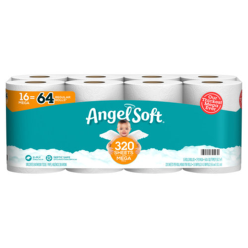 16 mega = 64 regular rolls (Based on number of sheets in Angel Soft Regular Roll). Our thickest mega ever. 320 sheets per mega roll. Septic safe. An ideal balance of softness & strength. 1 mega roll equals 4 regular rolls (Based on number of sheets in Angel Soft Regular Roll) for longer lasting rolls and less roll changes. Flushable and septic safe for standard sewer and septic systems. 2-ply with SoftShield layers. Sustainable Forestry Initiative: Certified sourcing. www.sfiprogram.org. Sign up for savings and more at angelsoft.com/savings.