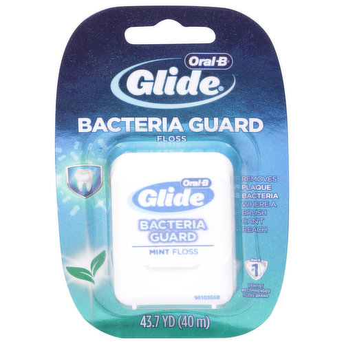 Oral-B Glide Bacteria Guard Dental Floss brought to you by the #1 Dentist Recommended Floss Brand works hard to remove plaque bacteria just below the gumline where a toothbrush can't reach. Our new Bacteria Guard dental floss helps to kill odor-causing bacteria and leaves your breath feeling minty fresh. Oral-B Glide slides up to 50% more easily in tight space vs. regular floss, protecting you from gingivitis, cavities and bad breath by removing bacteria and food particles in between your teeth.