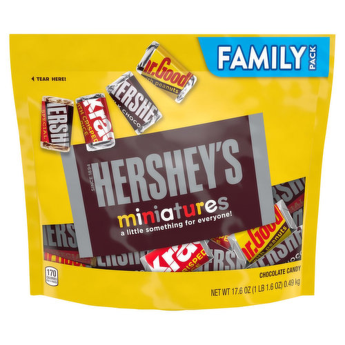 There's something for everyone in this HERSHEY'S Miniatures family pack assortment. Find miniature versions of all your favorite HERSHEY'S chocolate bars in one sweet bag, including HERSHEY'S milk chocolate bars, HERSHEY'S SPECIAL DARK mildly sweet chocolate bars, KRACKEL chocolate candy with crisped rice and MR. GOODBAR chocolate candy with peanuts. Enjoy delicious candy classics individually wrapped for lasting freshness and convenience all year long. Perfect for lunch boxes, movie nights, game nights, snack breaks, sharing moments and candy dishes at home and in the office, these milk and dark chocolate Miniatures will keep your snacking fun and simple. Give a variety of chocolates to your favorite people on Easter, Valentine's Day, Halloween, Christmas or an ordinary day when you're in a generous mood. Want to take these treats a step further? Place a HERSHEY'S Miniatures chocolate bar on top of your best baked goods to please the crowd with your culinary genius!