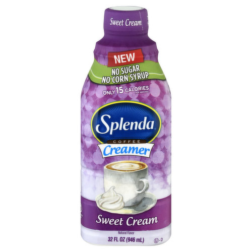 Natural flavor. Only 15 calories per serving. 0 g trans fat. Gluten free. Lactose free. No sugar. New. Contains a milk derivative. Indulge in rich, velvety, Sweet Cream flavor at home with our great-tasting, low-calorie, coffee creamer. Our smooth and creamy blend is sweetened with the sugar-sweet taste of Splenda, not sugar or corny syrup, and has a half the calories, and all the flavor of traditional flavored creamers. From America's favorite Sweetener Brand. We sweeten our coffee creamers with Splenda Brand Sweetener for rich and creamy taste with no added calories and no guilt. No corn syrup.  Splenda.com. Follow us: Facebook: facebook.com/Splenda. Instagram: instagram.com/Splenda. Pinterest: pinterest.com/Splenda. For more information on Splenda Brand products, visit Splenda.com or call 1-800-777-5363. Try all three delicious flavors: French vanilla, hazelnut, and sweet cream.