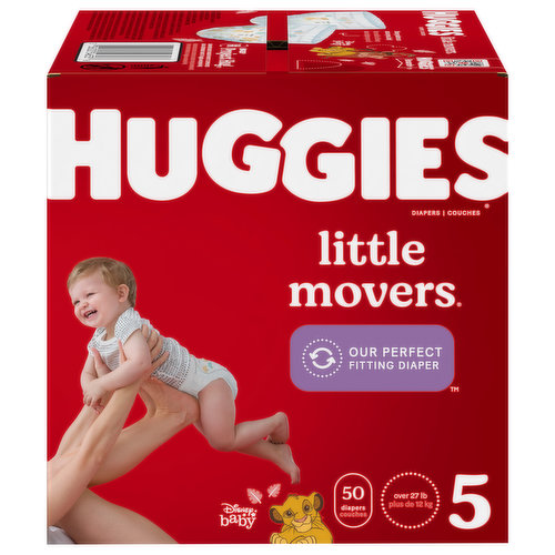 Our #1 Fitting Diaper,* Huggies Little Movers Diapers are designed for active babies! Little Movers baby diapers feature a contoured shape and SnugFit Waistband that helps eliminate gaps at the legs & waist. Double Grip Strips hold the diaper in place and help prevent sagging while crawling, walking & running. Huggies' DryTouch liner absorbs wetness on contact to help keep skin clean & healthy, while the absorbent Leak Lock System helps eliminate leaks for up to 12 hours of protection. Little Movers now feature Huggies' Pocketed Waistband to help prevent diaper blowouts (NB-Size 2). Plus wetness indicator let's you know when baby is ready for a diaper change. They also include a SizeUp indicator, so you'll know when it's time for baby to move up to the next size. Little Movers disposable baby diapers are hypoallergenic, fragrance free, lotion free, paraben free, and free of elemental chlorine & natural rubber latex. Featuring exclusive Disney Lion King designs, Little Movers Diapers are available in size 3 (16-28 lb.), size 4 (22-37 lb.), size 5 (27+ lb.), size 6 (35+ lb.) and size 7 (41+ lb.). Join Huggies Rewards+ Powered by Fetch to get rewarded fast. Earn points on Huggies diapers and wipes, in addition to thousands of other products to redeem for hundreds of gift cards. Download the Fetch Rewards app to get started today! (*Wet Fit, Among Open Diapers)