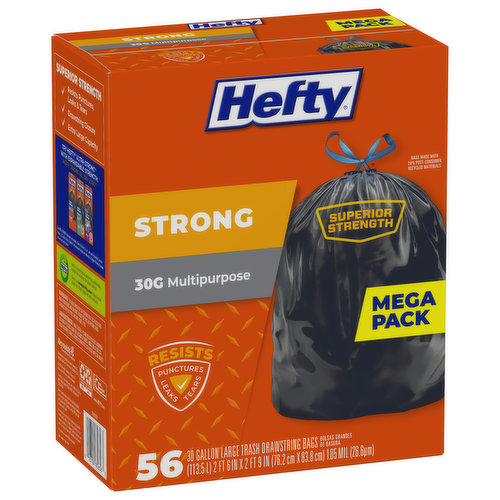 Hefty Trash Bags, Drawstring, Multipurpose, Large, 30 Gallon, Mega Pack