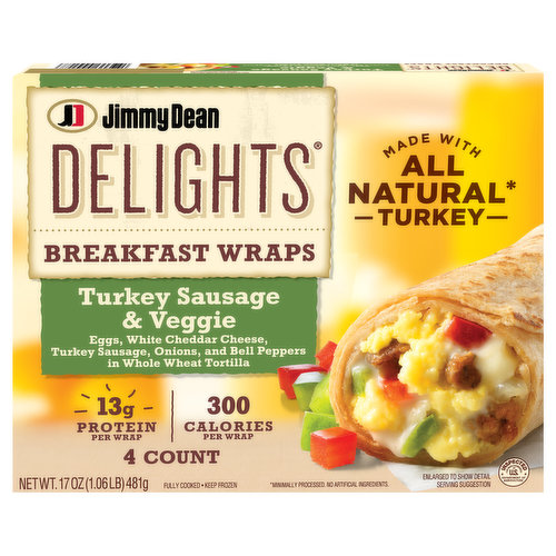 Kickstart your day with Jimmy Dean Delights Turkey Sausage & Veggie Breakfast Wraps. Featuring eggs, white cheddar cheese, all natural turkey sausage, onions and bell peppers wrapped in a whole wheat tortilla, these frozen fully cooked breakfast wraps are perfect for a delicious, portable breakfast. With 13 grams of protein per serving and no artificial colors or flavors, our wraps are a tasty microwavable breakfast option for your busy mornings. For a delicious breakfast at home or on the go, microwave and serve. Includes one 17 oz package of 4 turkey sausage and veggie breakfast wraps. Jimmy Dean once said, "Sausage is a great deal like life. You get out of it what you put in." Which pretty much sums up his magic formula for having a great day. Today, the Jimmy Dean Brand team brings you many ways to add some sunshine to your morning. Minimally processed, no artificial ingredients