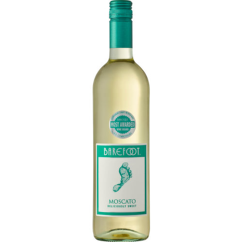 Barefoot Moscato Sweet White Wine delivers a refreshing blend of juicy peaches and sweet apricots in a convenient 750 mL bottle. Barefoot Moscato features lush, fruity aromas and a crisp, bright finish with a tantalizing twist of lemon and citrus. Perfect for pairing with spicy Asian cuisine, artisanal cheeses or light desserts, this Barefoot Moscato is best served chilled. A screw top cap allows for easy opening and secure storage. The sweet white Moscato comes from Barefoot, the most awarded wine brand in US competitions. Let's get Barefoot.