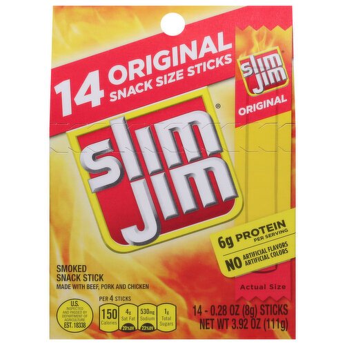 Slim Jim Snack Stick, Smoked, Original, Snack Size